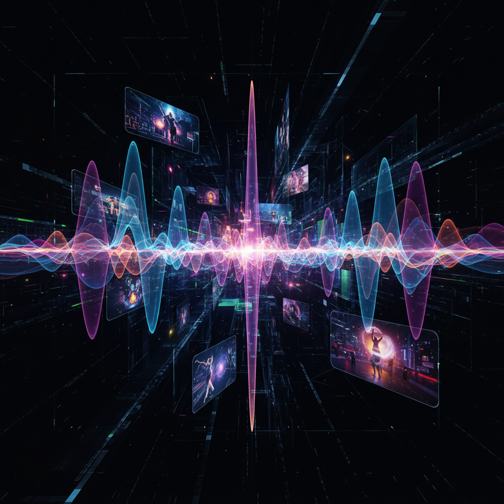 AI-generated music for videos visualized as evolving soundwaves transforming into dynamic video content on a glowing digital interface.