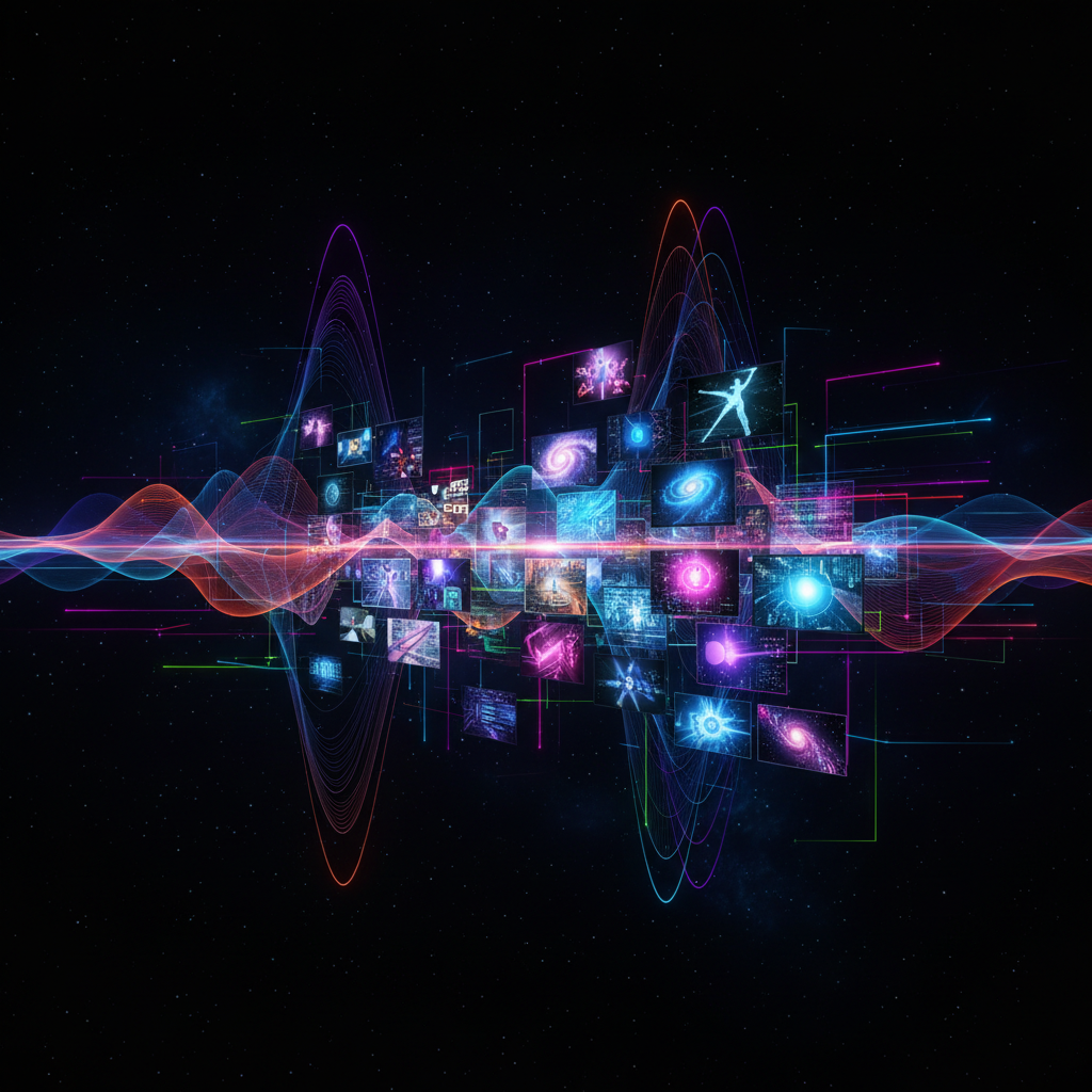 AI-generated music for videos visualized as glowing sound waves transforming into dynamic video clips, futuristic digital art.