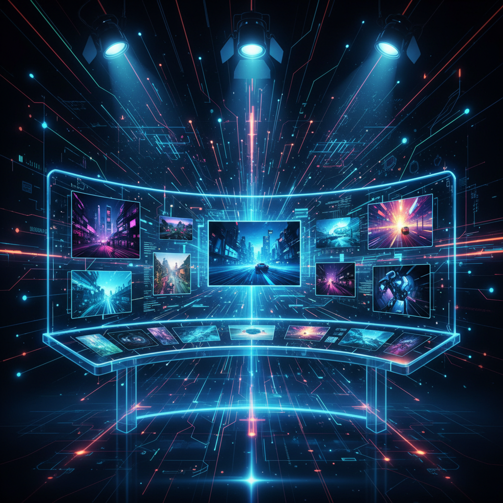 AI generating diverse b-roll footage for content creators in 2026, showcasing futuristic technology and creative visuals.