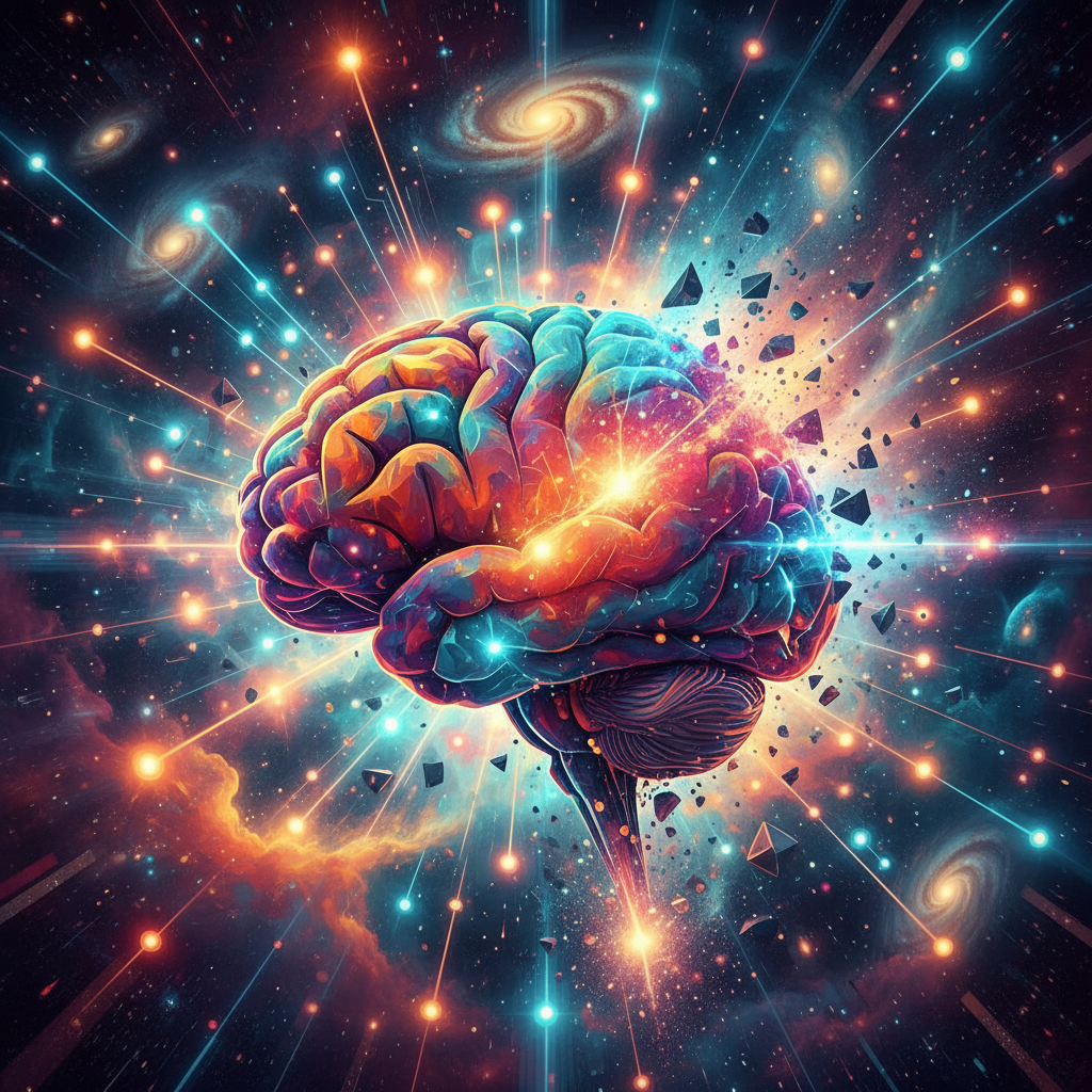 AI generating infinite content ideas, overcoming creative blocks with AI, abstract digital art showing a brain with glowing nodes.