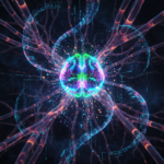 AI generating infinite faceless content ideas using glowing neural network and data streams, symbolizing creativity and innovation.