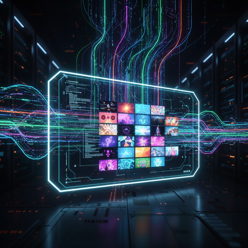 AI image generation creating compelling thumbnails for 2026, showcasing futuristic technology and digital art with glowing data streams.