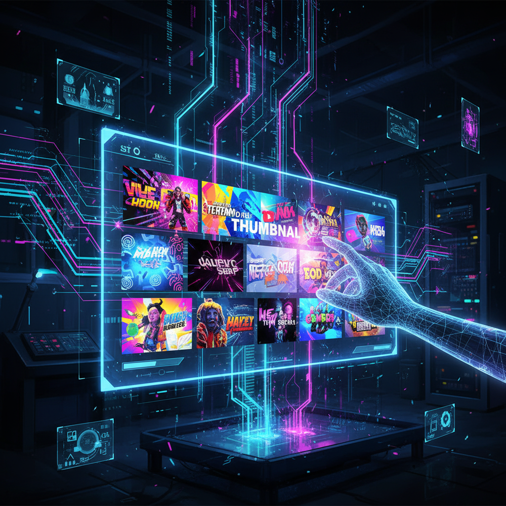 AI image generation for thumbnails on a futuristic interface, showcasing vibrant, eye-catching YouTube thumbnail designs with glowing data streams. AI image generation for thumbnails on a futuristic interface, showcasing vibrant, eye-catching YouTube thumbnail designs with glowing data streams.