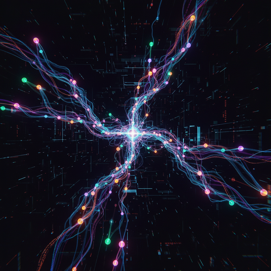 AI network managing multiple faceless channels, showing digital connections and data flow, futuristic tech illustration