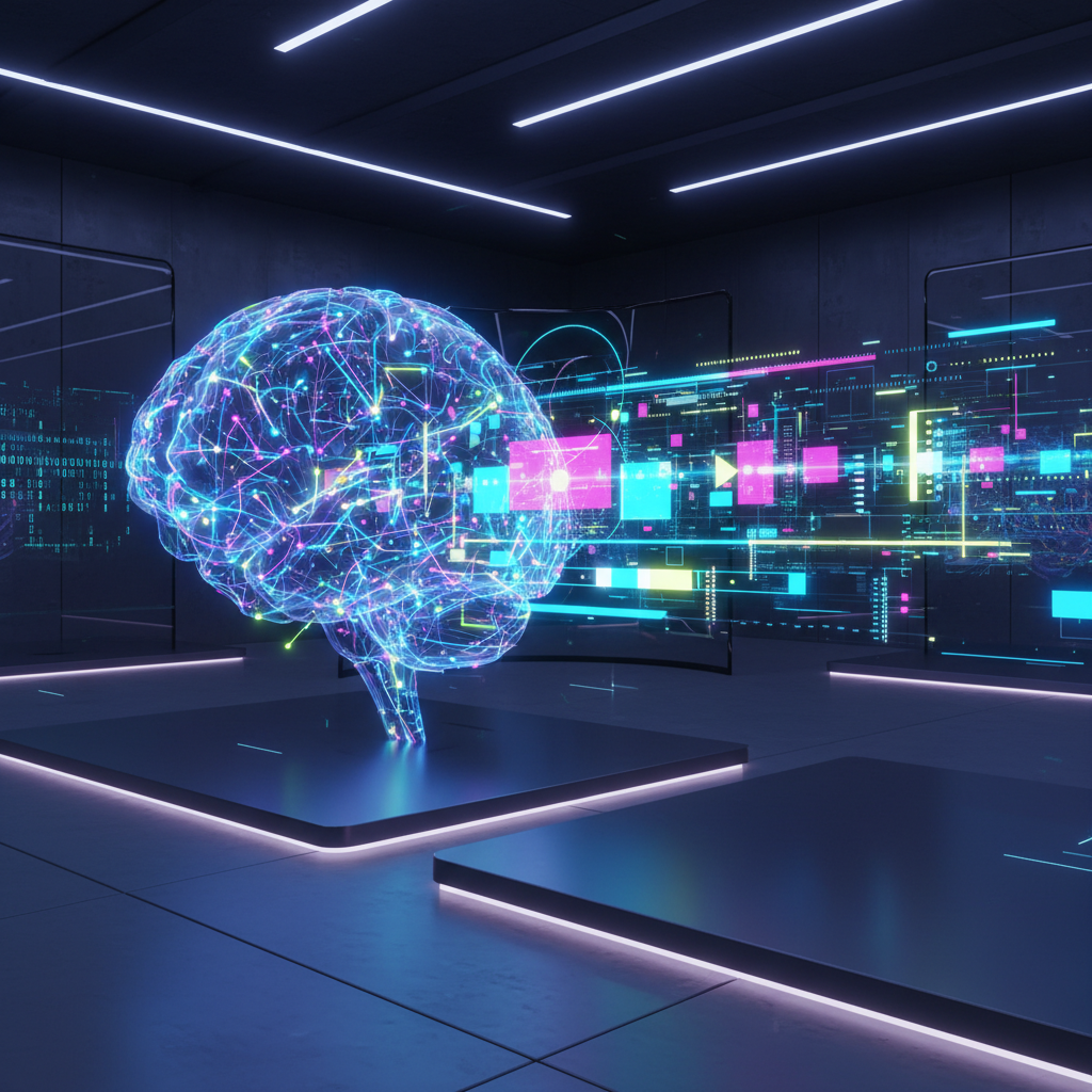 AI-powered content creation tutorial: a digital brain generating a video timeline, showcasing the ease of AI video production.