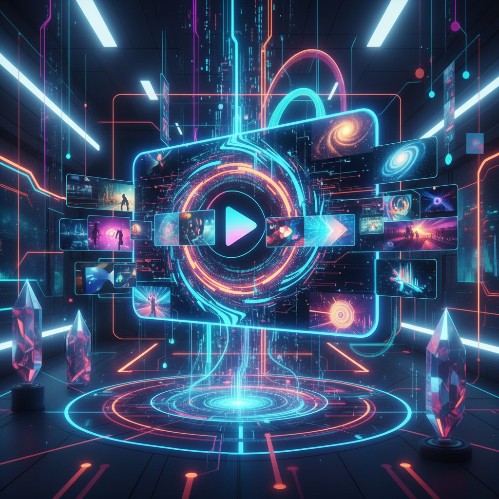 AI-powered content creation tutorial concept, visualizing AI generating video, abstract digital streams, futuristic studio.