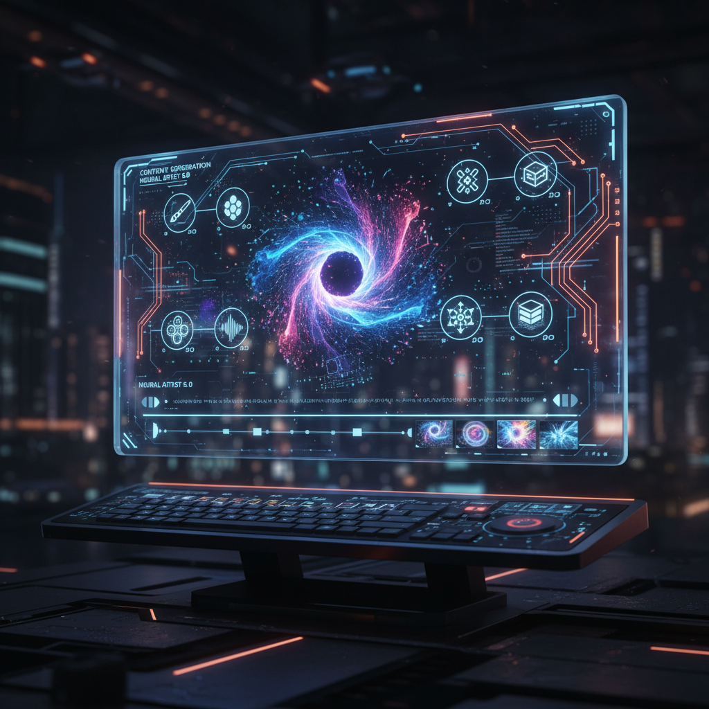 AI-powered content creation tutorial interface with glowing circuits and dynamic tools, futuristic digital art.