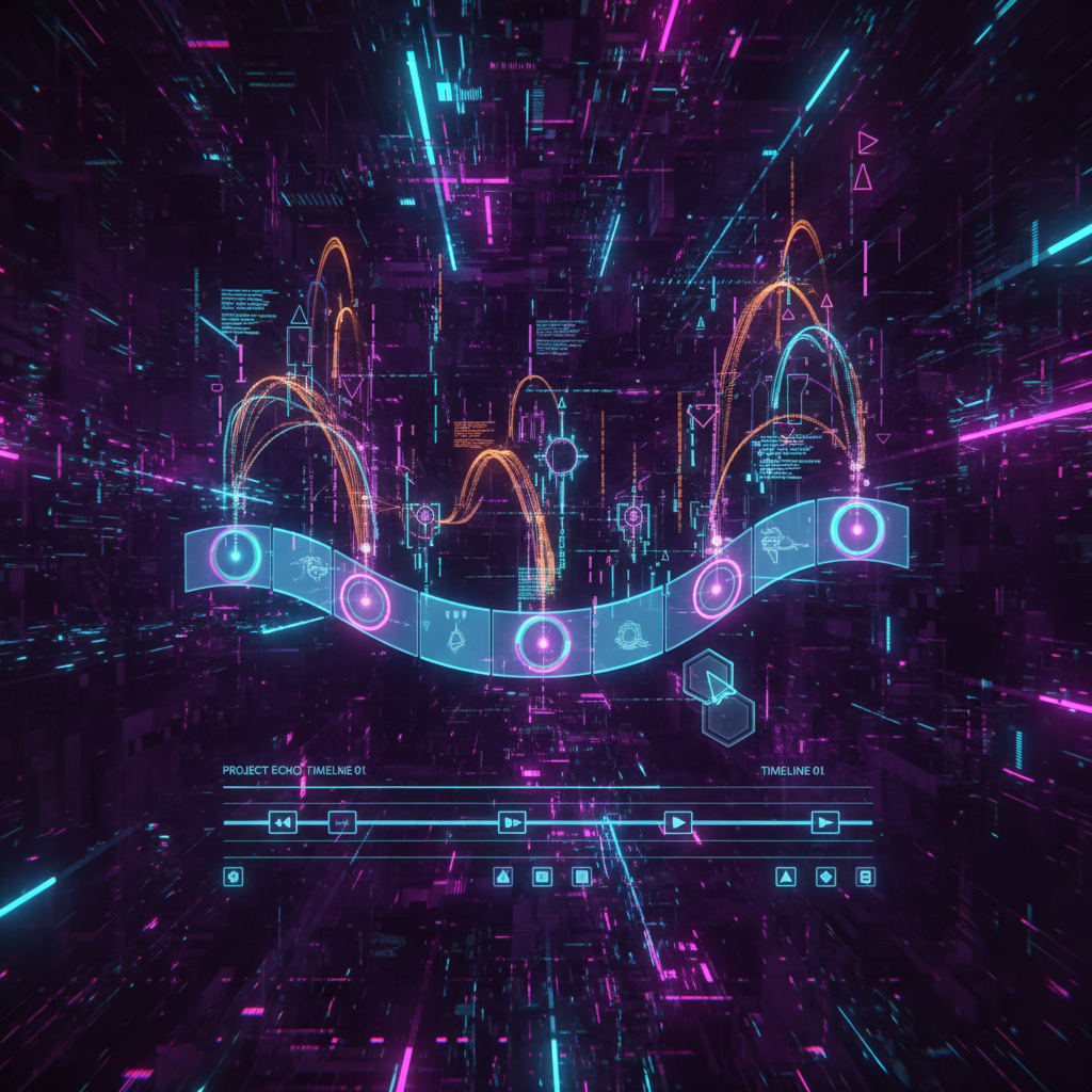 AI-powered content creation tutorial workflow visualization, showing futuristic interface and video editing timeline with abstract data streams