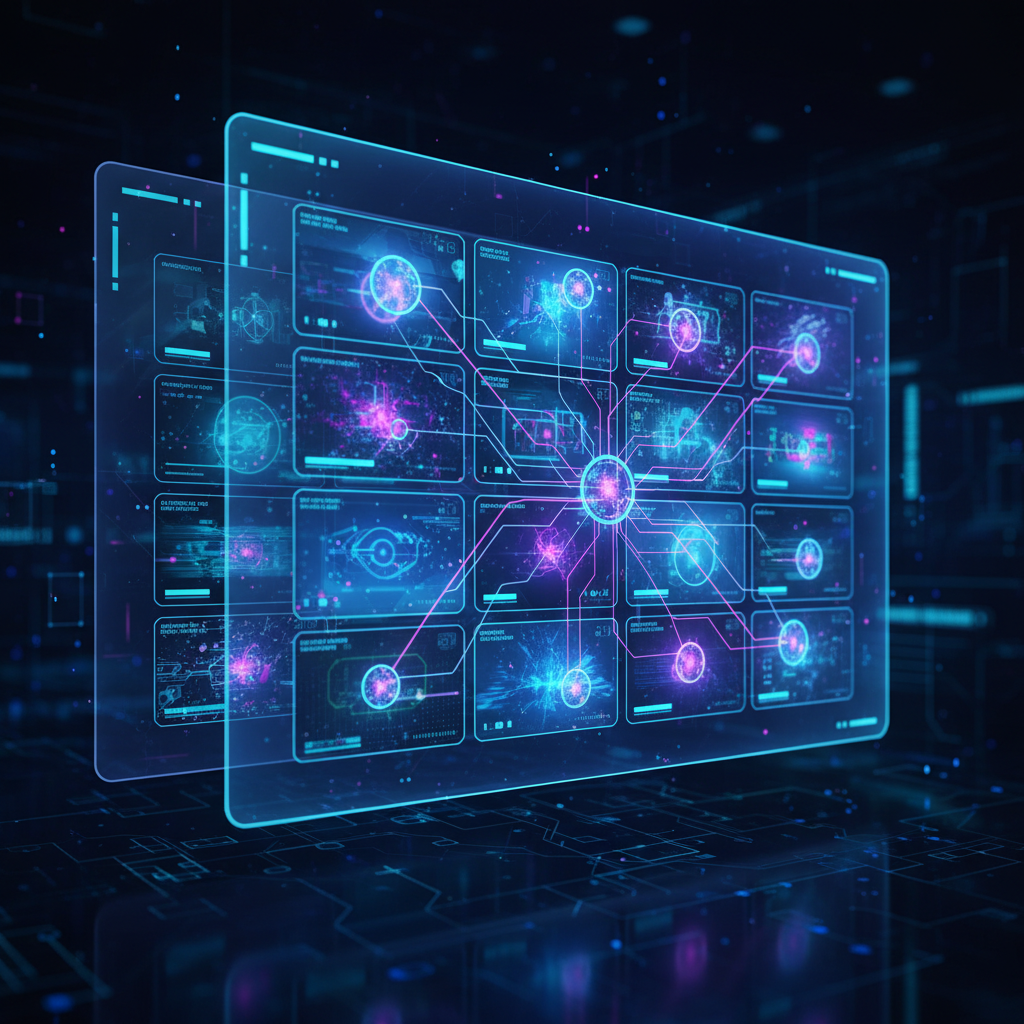 AI-powered content summarization for videos illustrated by futuristic interface processing video content with glowing AI nodes.