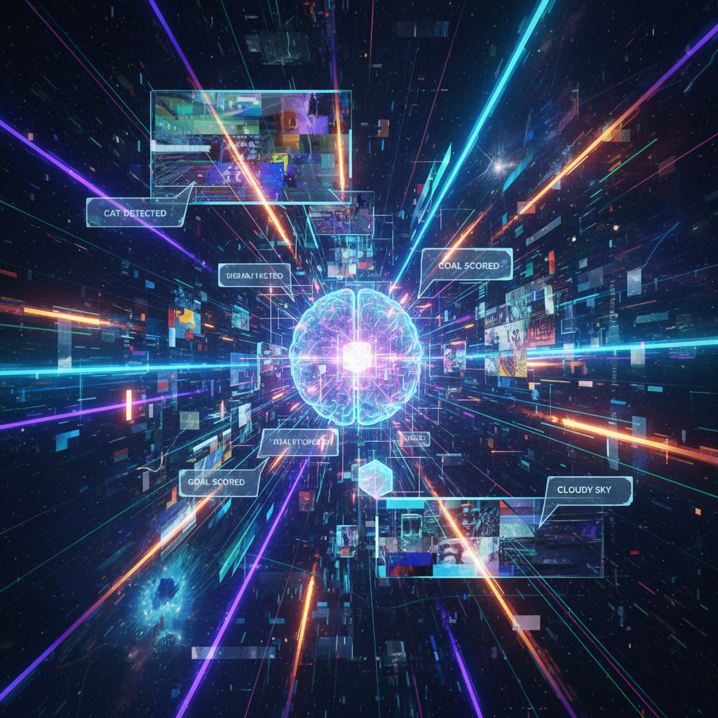 AI-powered content summarization for videos workflow illustration, abstract digital art showing data transformation.