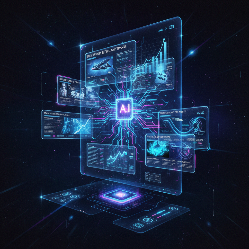 AI-powered news channel ideas visualized with a futuristic interface, showcasing diverse information streams on a dark, glowing digital background.