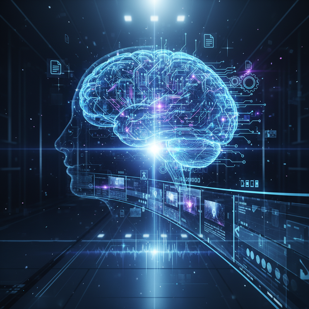 AI-powered video editing automation concept, abstract digital brain and video timeline merging with futuristic tech.