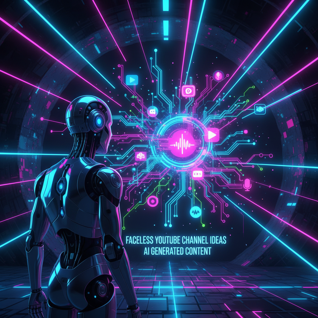AI robot analyzing data, symbolizing faceless YouTube channel ideas with AI for best ROI in 2026, digital illustration.
