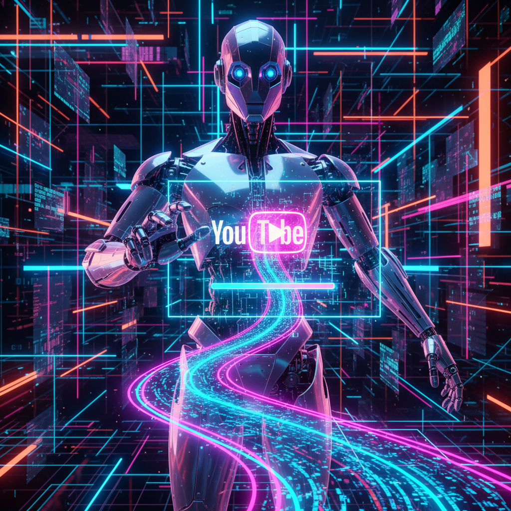 AI robot analyzing digital data streams in a futuristic YouTube Partner Program interface, illustrating AI channel monetization.