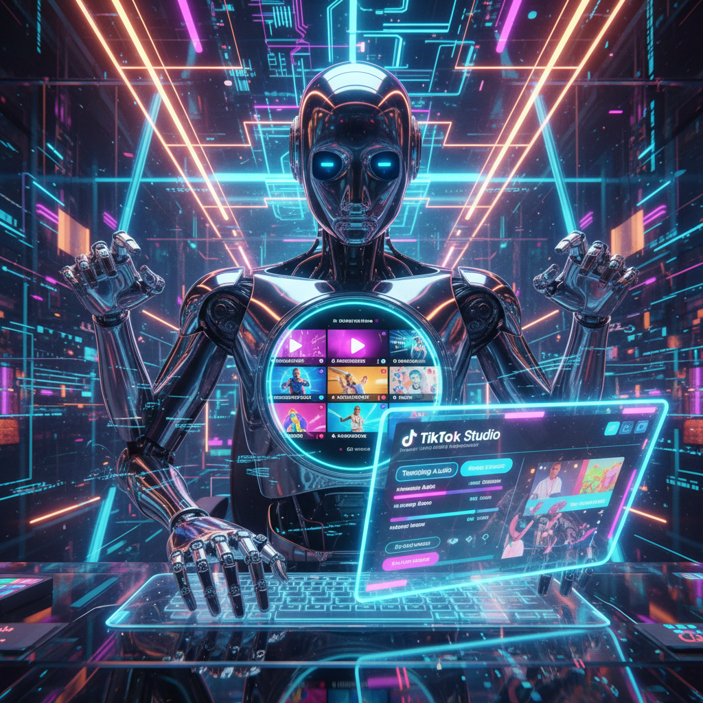 AI robot automating faceless TikTok video creation, illustrating growing on TikTok without showing your face with futuristic technology.