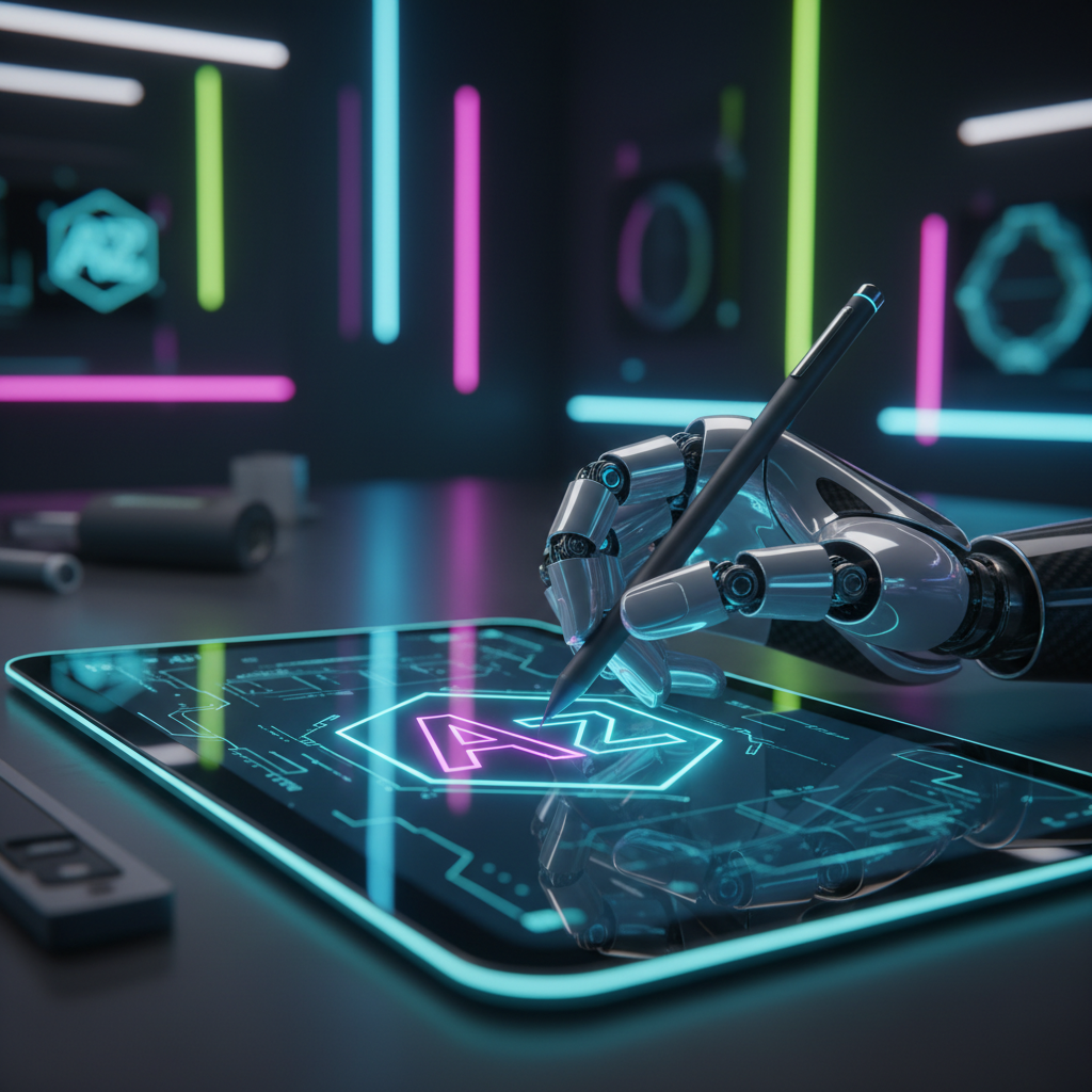 AI robot creating a memorable faceless brand logo, illustrating how to start a faceless brand with AI in a futuristic setting