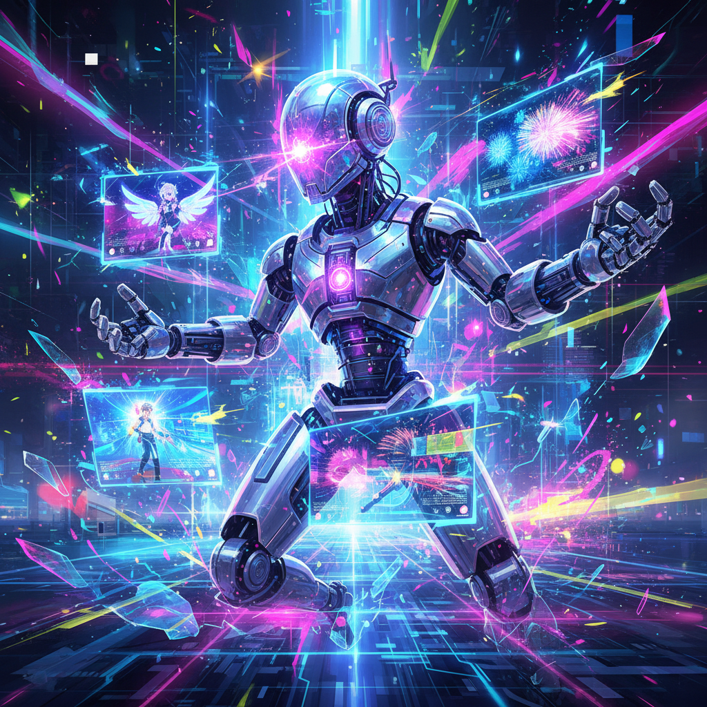 AI robot creating dynamic TikTok content for viral growth, showcasing rapid digital content generation in a futuristic, energetic visual style.