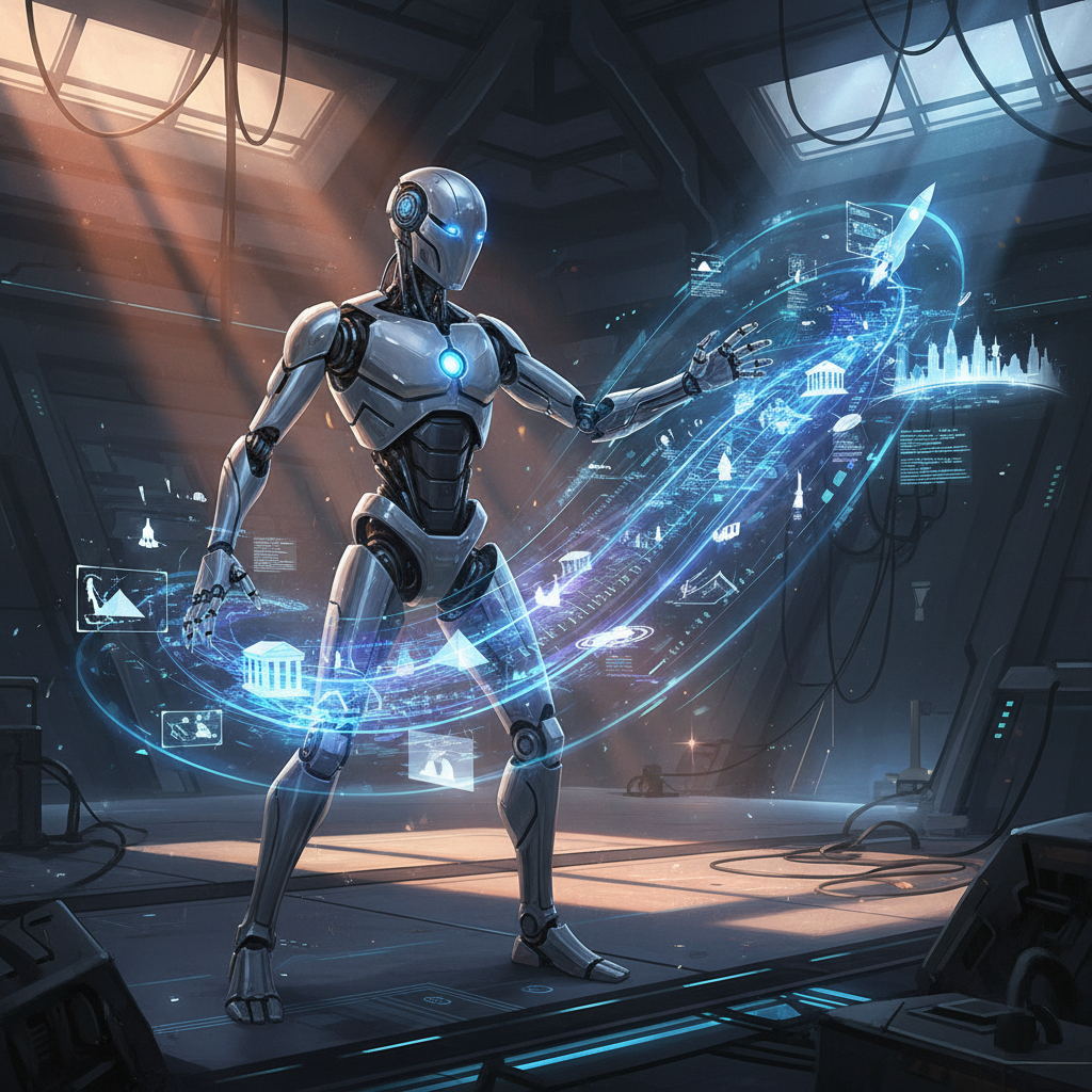 AI robot creating faceless history channel content on a futuristic digital interface, showcasing AI-powered history channel ideas.