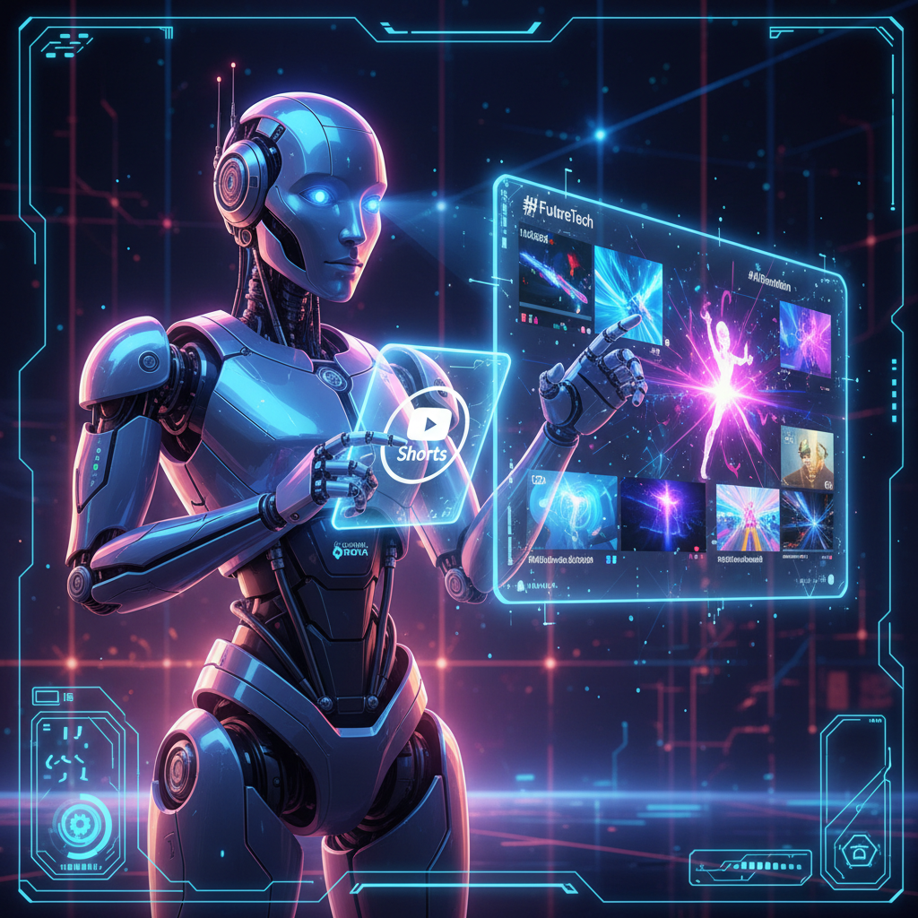 AI robot creating YouTube Shorts content, representing an ultimate YouTube Shorts AI content strategy for explosive growth.