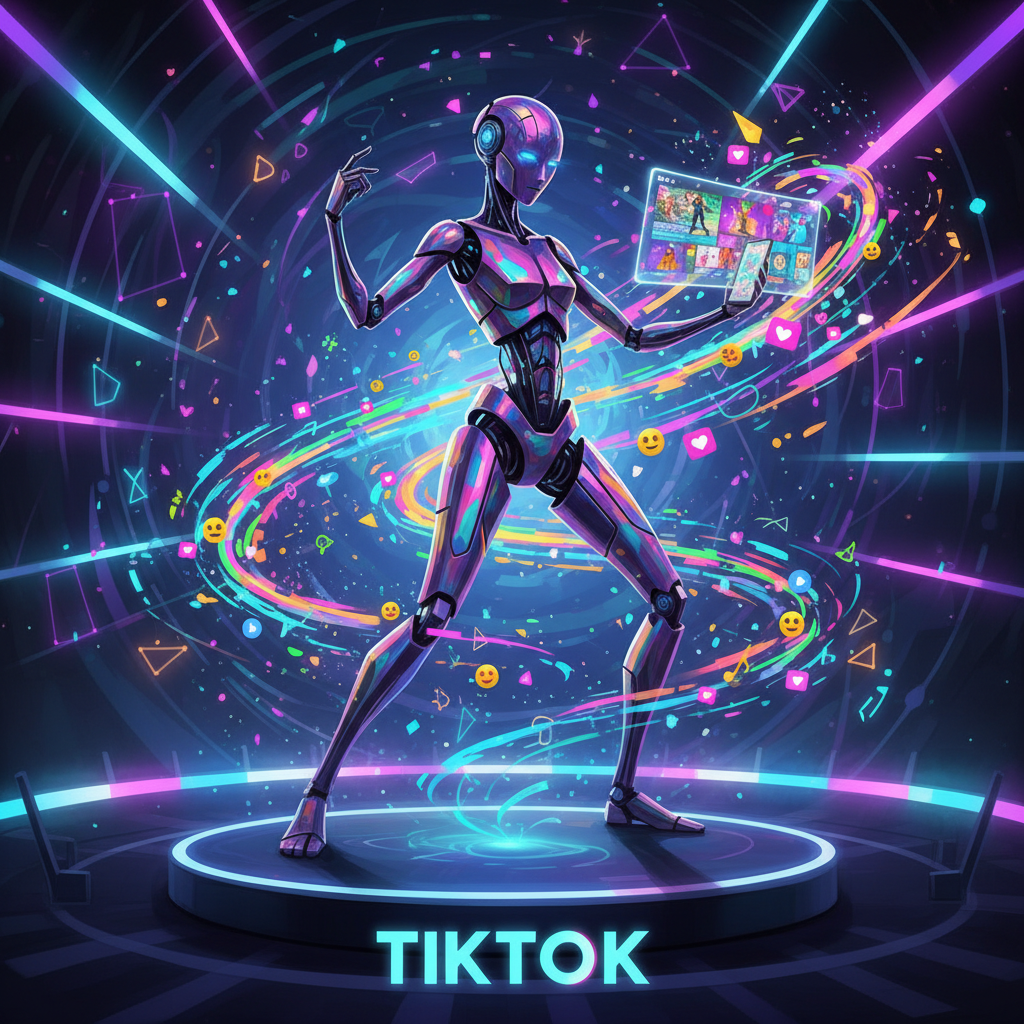AI robot generating engaging TikTok content with futuristic data streams, illustrating AI content for TikTok growth strategy.