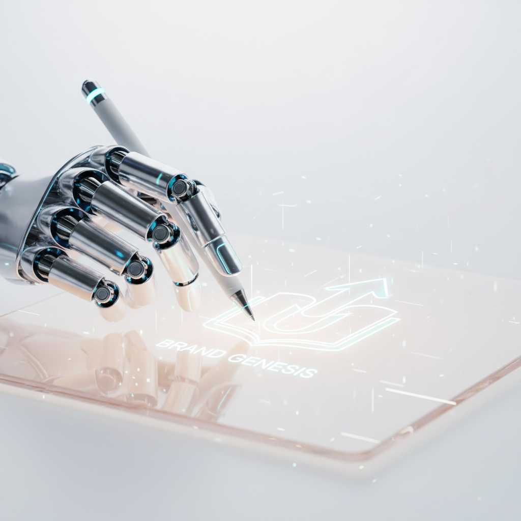 AI robot hand creating a minimalist brand logo on a digital canvas, illustrating how to start a faceless brand with AI.