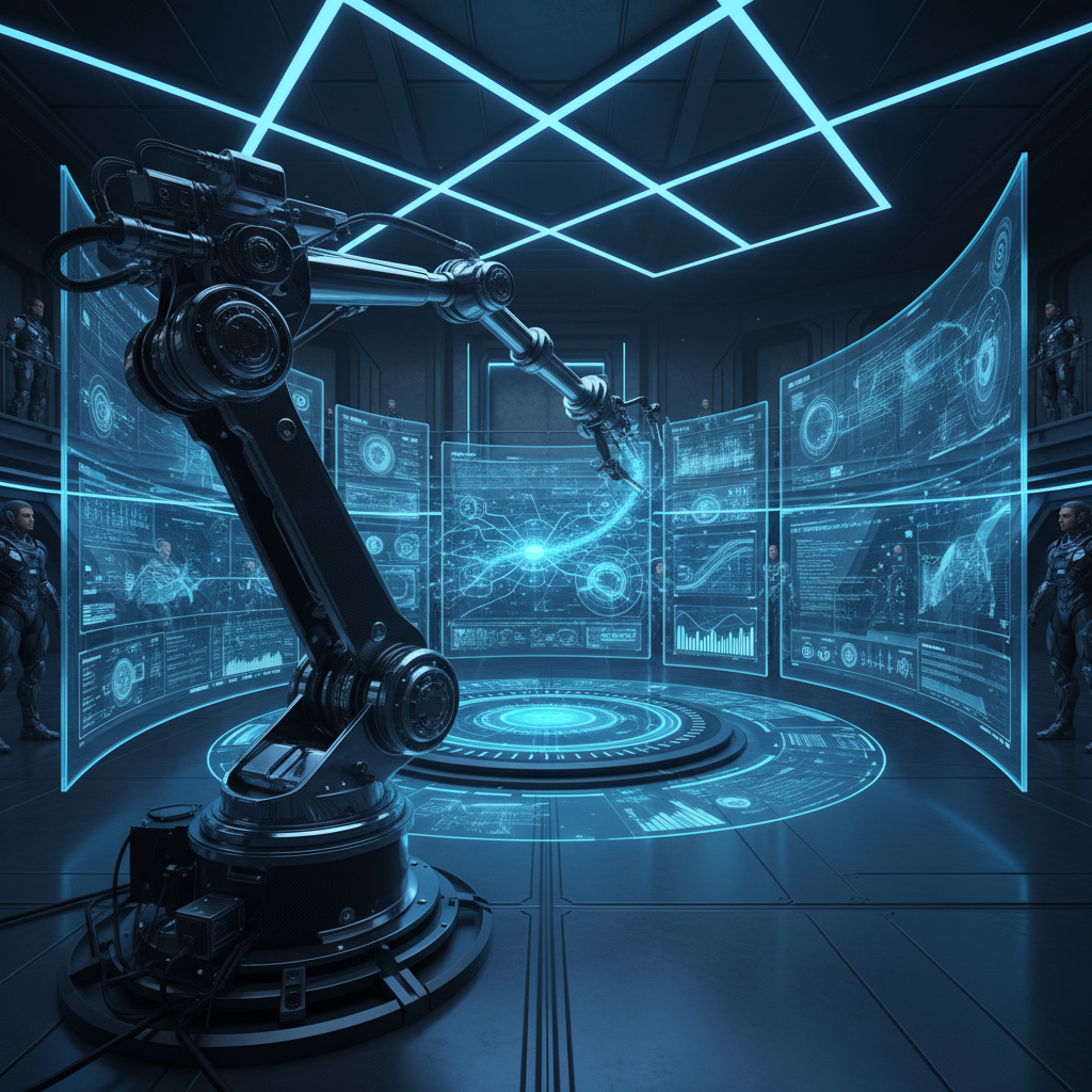 AI robot managing multiple faceless channels, optimizing operations with data streams on futuristic screens, illustrating empire scaling.