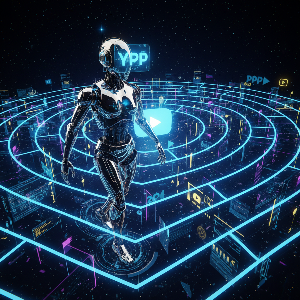 AI robot navigating digital maze, illustrating the YouTube Partner Program for AI channels in 2026, futuristic concept.