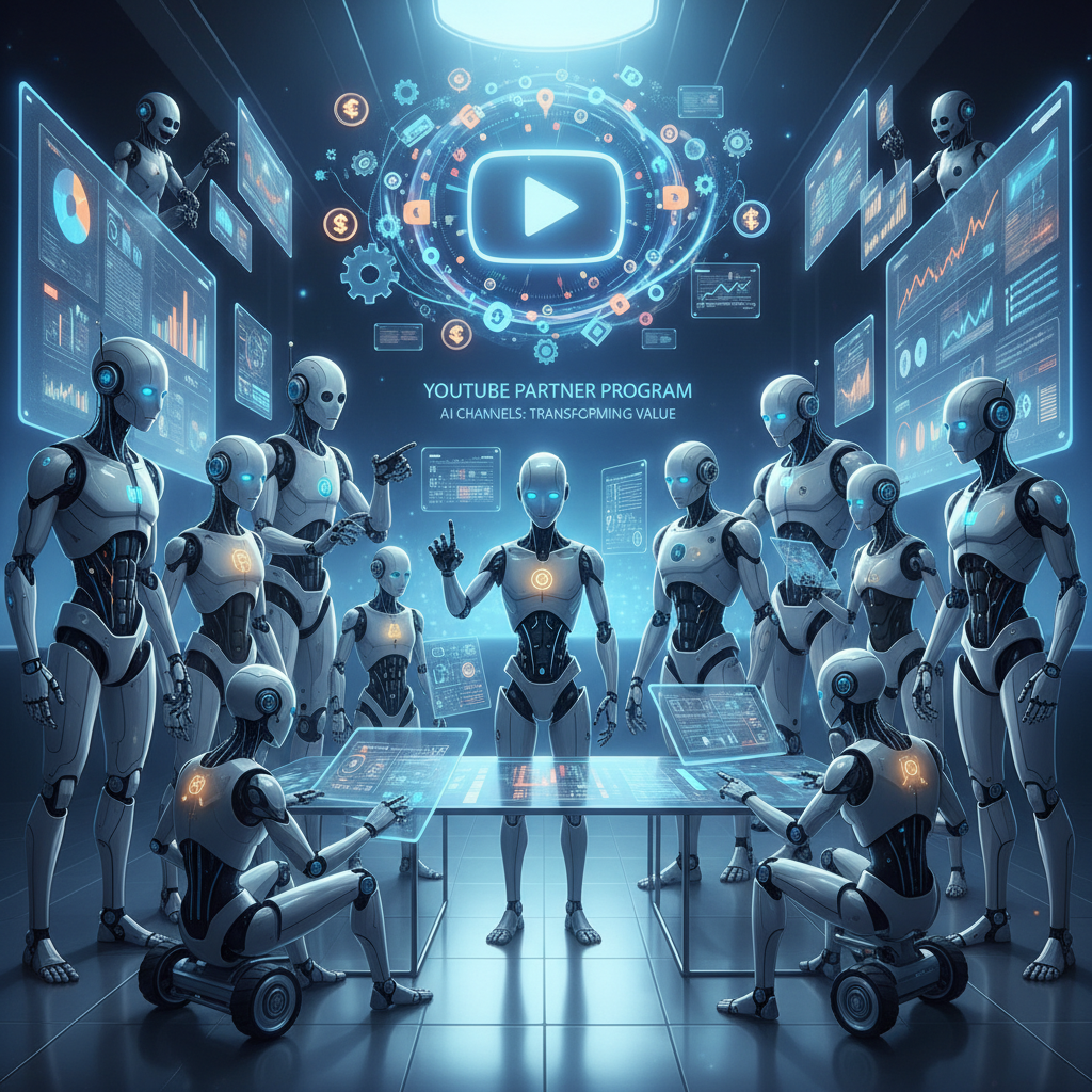 AI robots analyzing data streams in a futuristic studio, illustrating transformative value for YouTube Partner Program for AI channels.