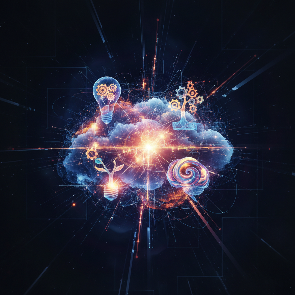 AI script generation for YouTube: abstract visualization of AI brainstorming, glowing nodes representing creative video ideas.