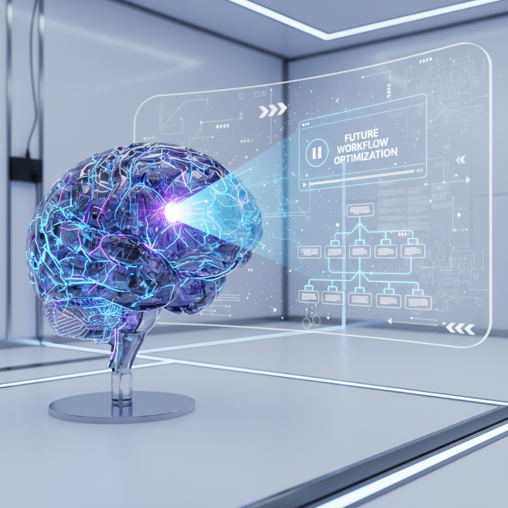 AI script generation for YouTube: Digital brain creating video content on a futuristic workflow, illustrating AI assistance for creators.