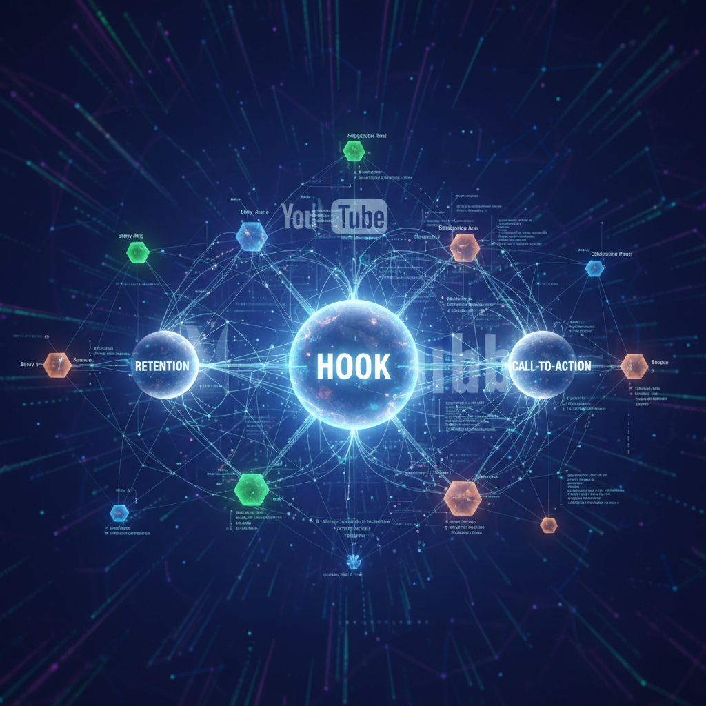 AI script generation for YouTube visualized as a network of hook, retention, and CTA elements, illustrating an ultimate workflow.