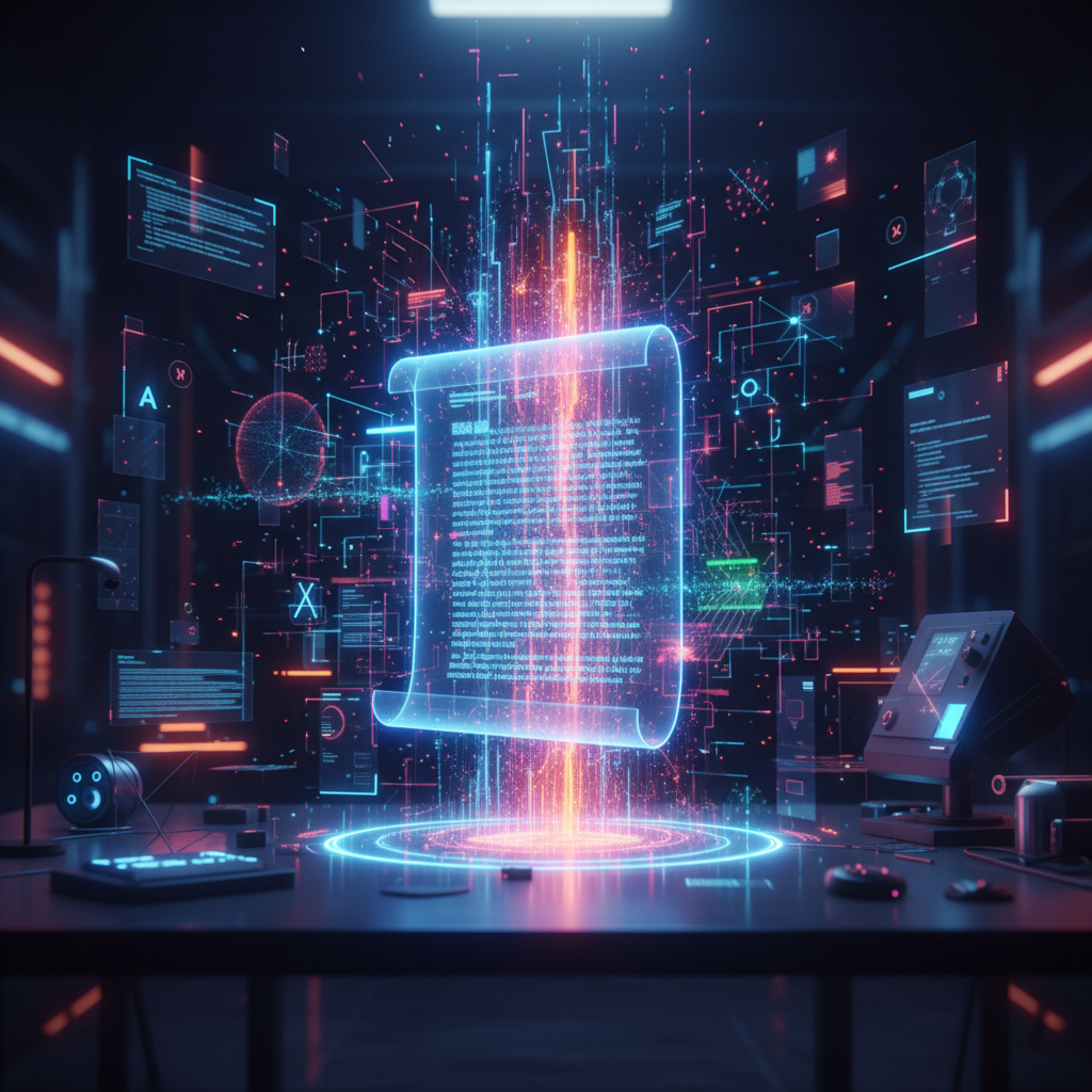 AI script generation for YouTube: visualizing data streams transforming into a complete video script on a digital interface.