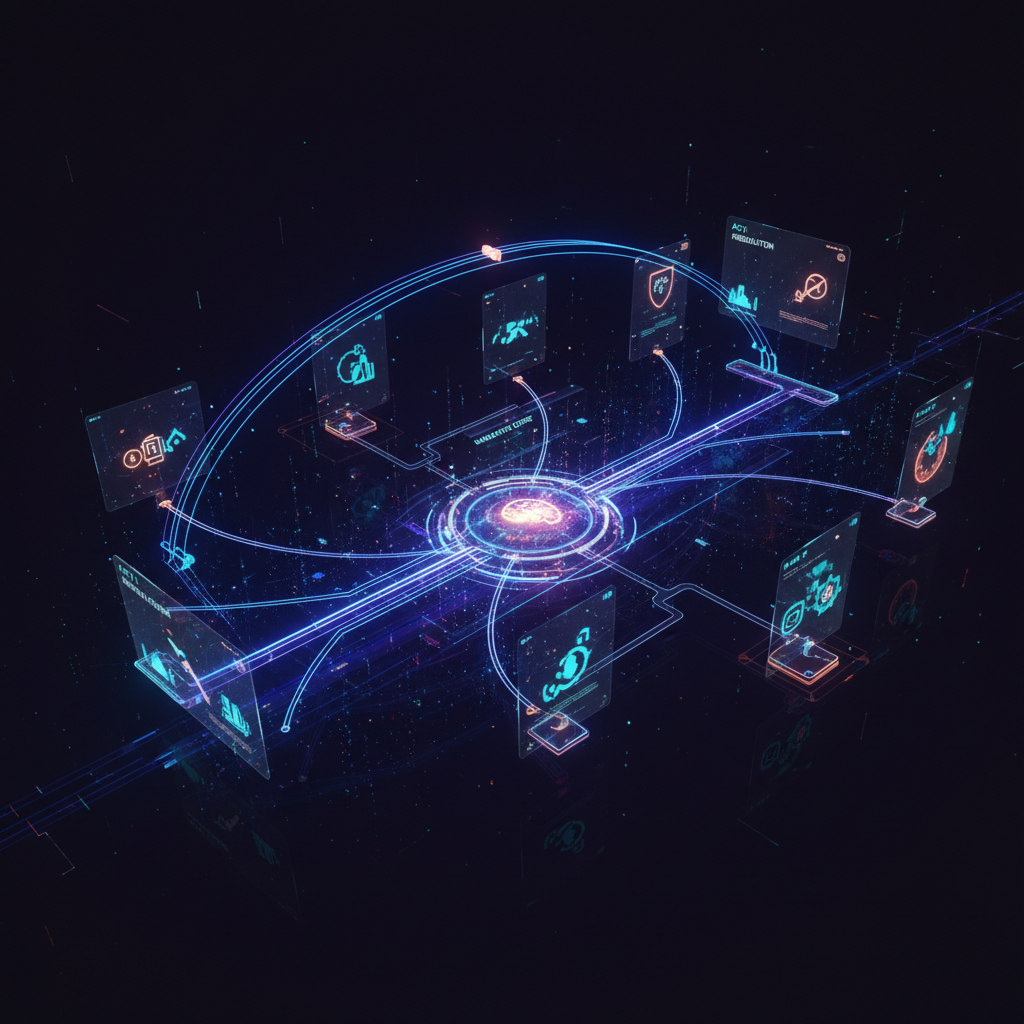 AI script generation visualizing a 3-act story structure with glowing nodes for YouTube video workflow.