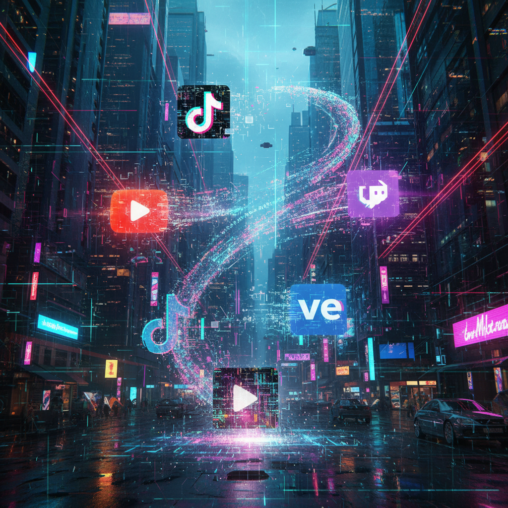 AI script writing for faceless videos illustrated with futuristic code adapting to various social media platform icons.