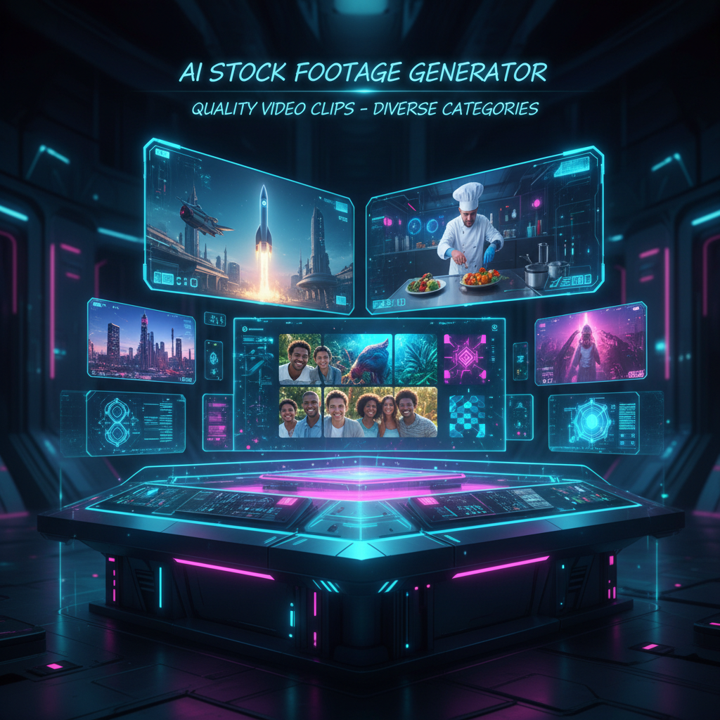 AI stock footage generators creating dynamic video content on a futuristic interface, showcasing diverse clips for digital media. AI stock footage generators creating dynamic video content on a futuristic interface, showcasing diverse clips for digital media.