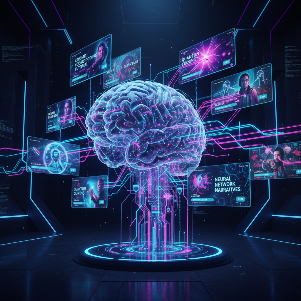 AI thumbnail generators for YouTube improving performance with futuristic brain interface analyzing dynamic, colorful thumbnail designs