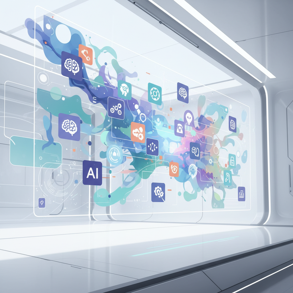 AI tools animating on a digital screen, illustrating how to make faceless educational videos with AI, modern tech concept