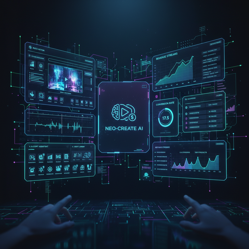 AI tools for affiliate marketing with faceless AI videos, showing futuristic interface and analytics for video creation and promotion