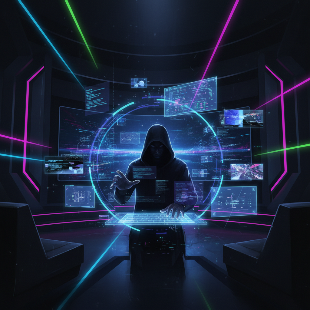 AI video editing for anonymous creators, a shadowy figure using futuristic holographic software in a dark studio with neon lighting.