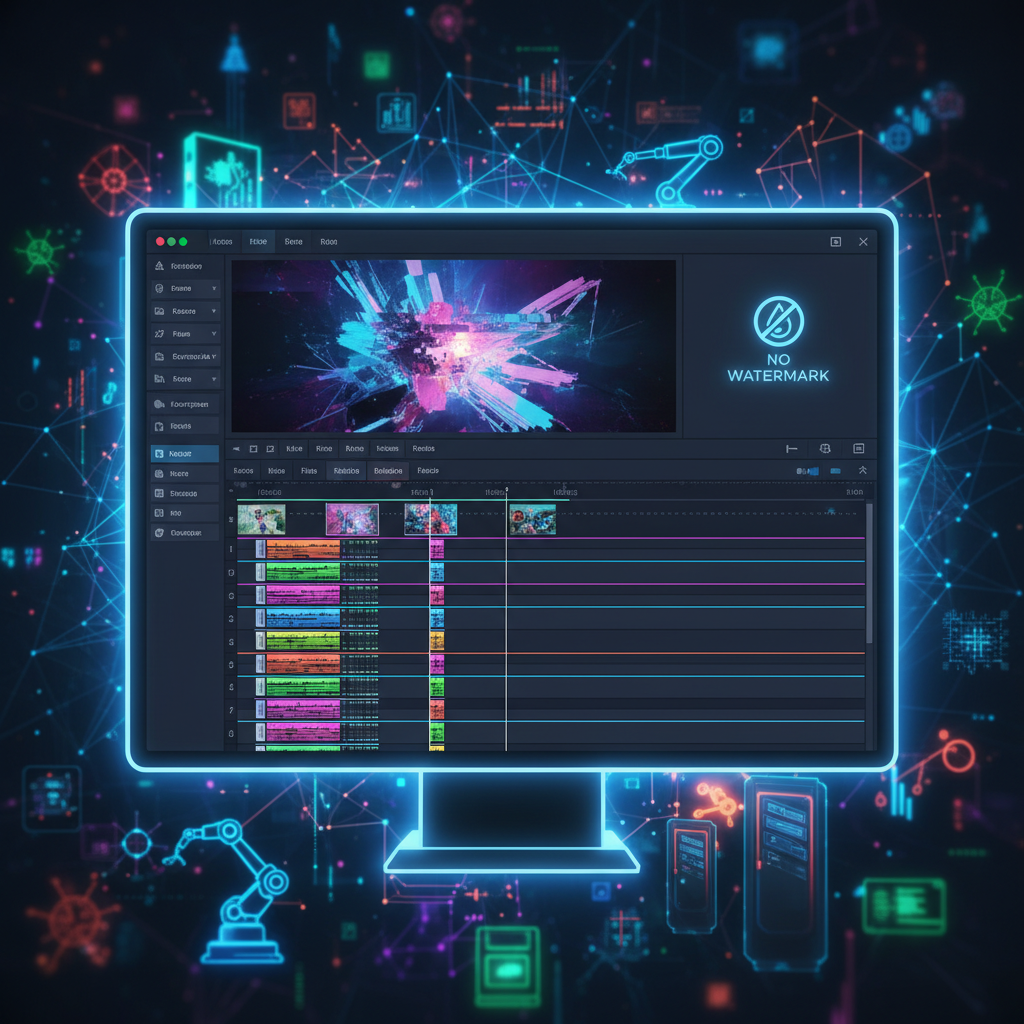 AI video editor interface without watermark, showcasing a clean digital workspace, symbolizing watermark-free video creation for users. AI video editor interface without watermark, showcasing a clean digital workspace, symbolizing watermark-free video creation for users.