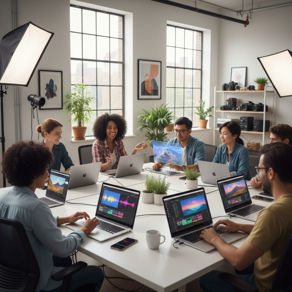 AI video editor without watermark shown by creators editing watermark-free videos on laptops in a bright, modern studio setting. AI video editor without watermark shown by creators editing watermark-free videos on laptops in a bright, modern studio setting.