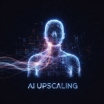 AI video upscaling for faceless content, showing a digital interface enhancing a subtle silhouette with 4K resolution in a futuristic setting.