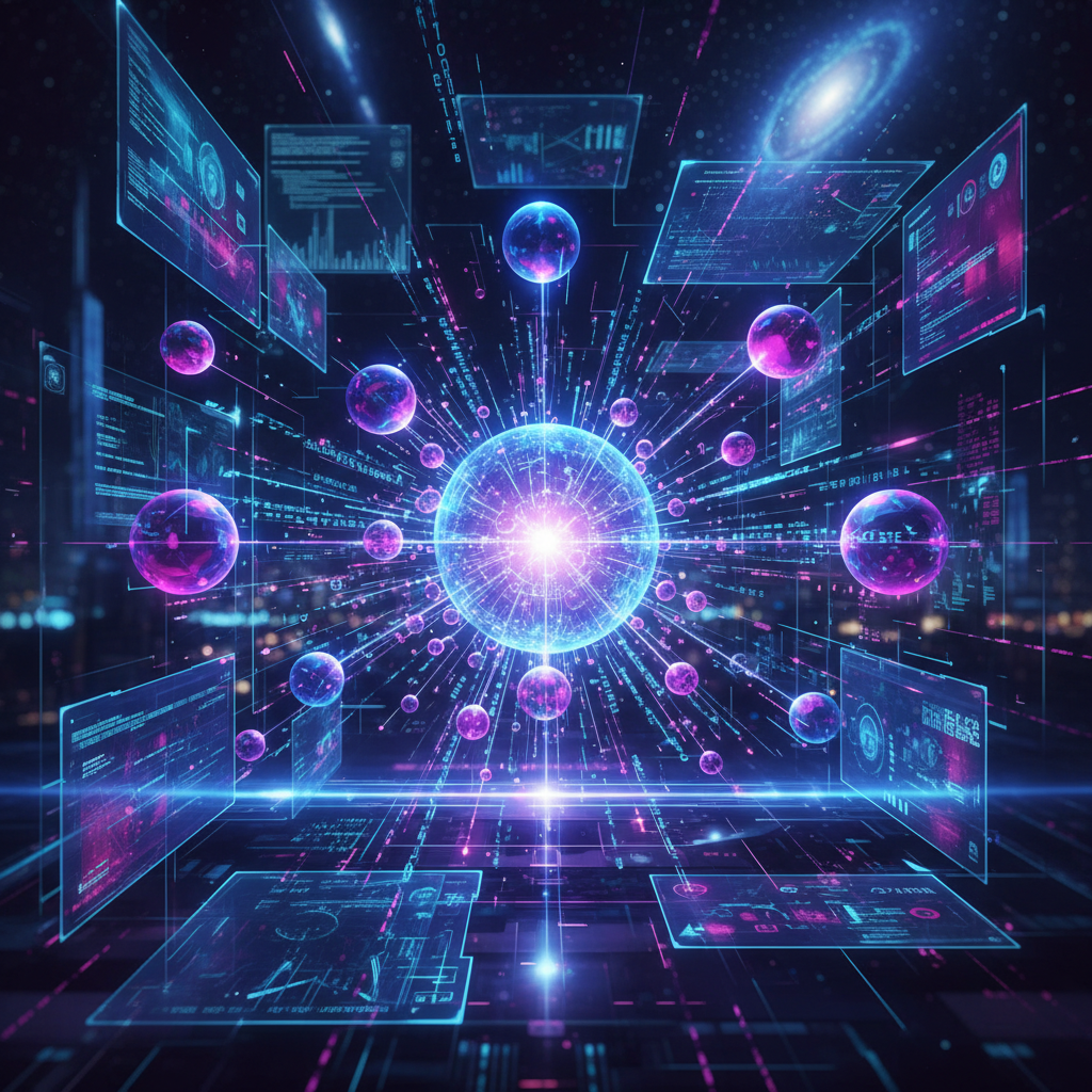 AI visualizing natural language processing for content ideas, abstract network of glowing data points and connections, futuristic digital concept.