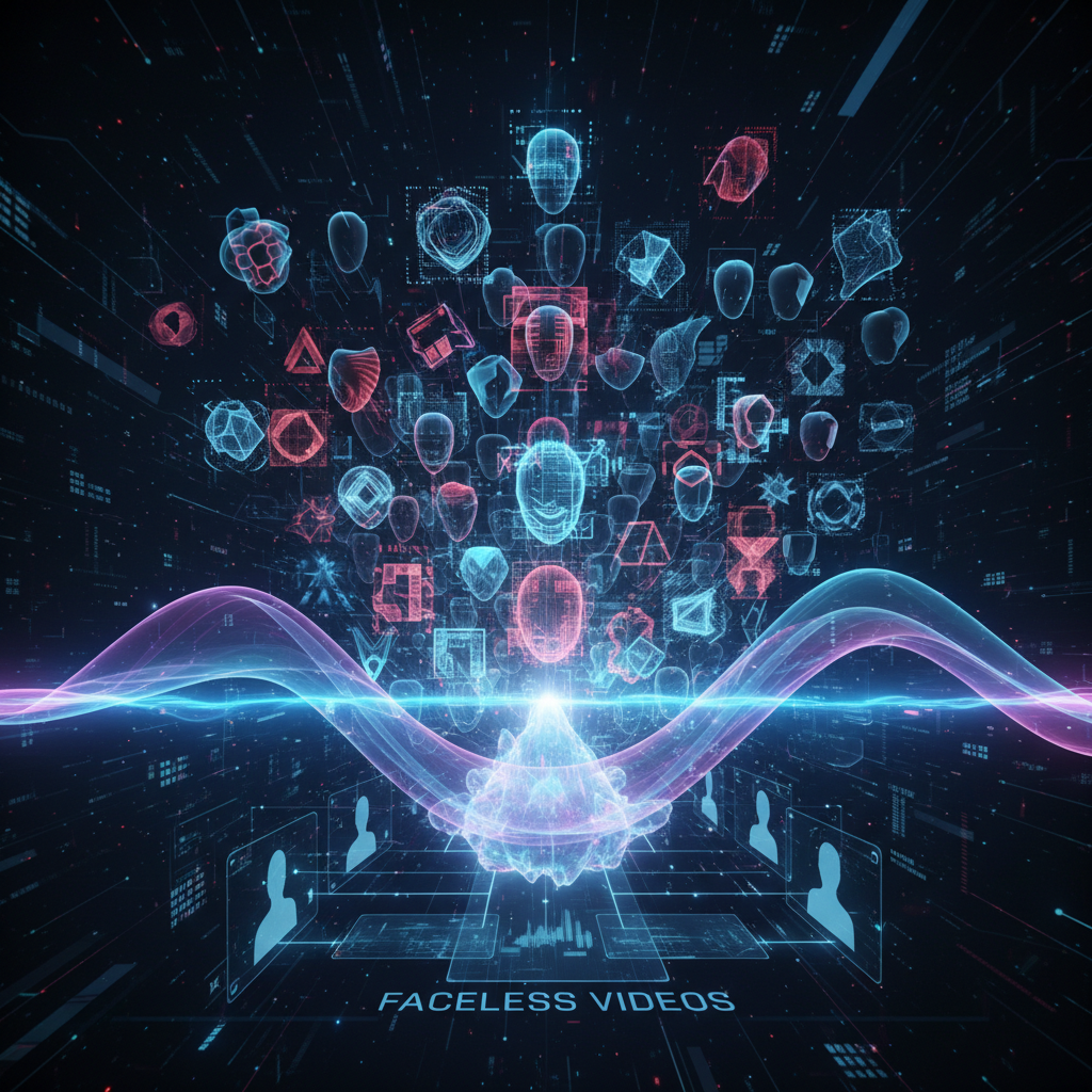 AI voice cloning for faceless videos illustrated by abstract digital sound waves, representing futuristic synthetic speech technology.