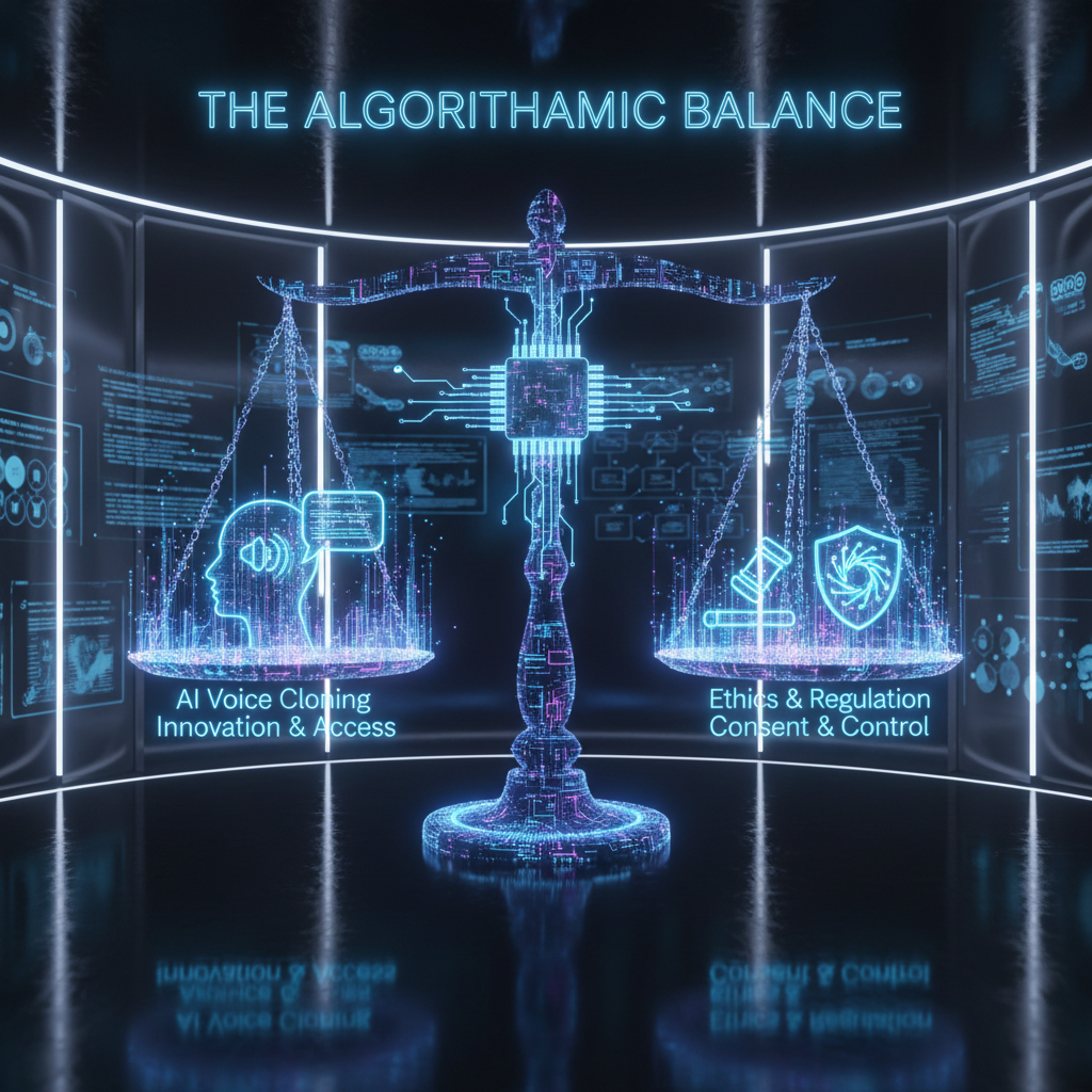 AI voice cloning for faceless videos illustrated with abstract sound waves transforming into legal scales, representing ethical and legal rules.