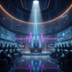 AI voice legality for commercial content in 2026, depicted by a futuristic legal scene with a glowing AI waveform.