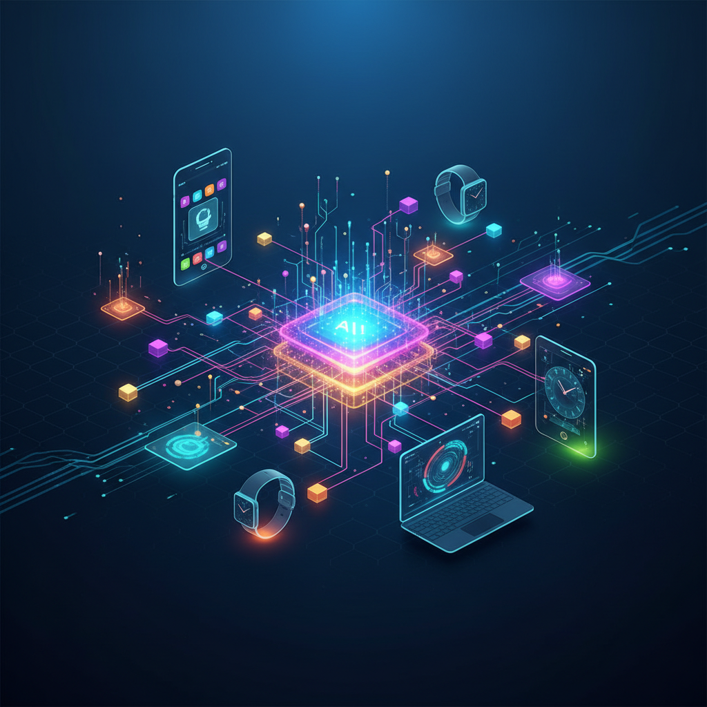 AI workflow for creating faceless digital products, illustrating abstract digital creation with glowing nodes and futuristic lines.