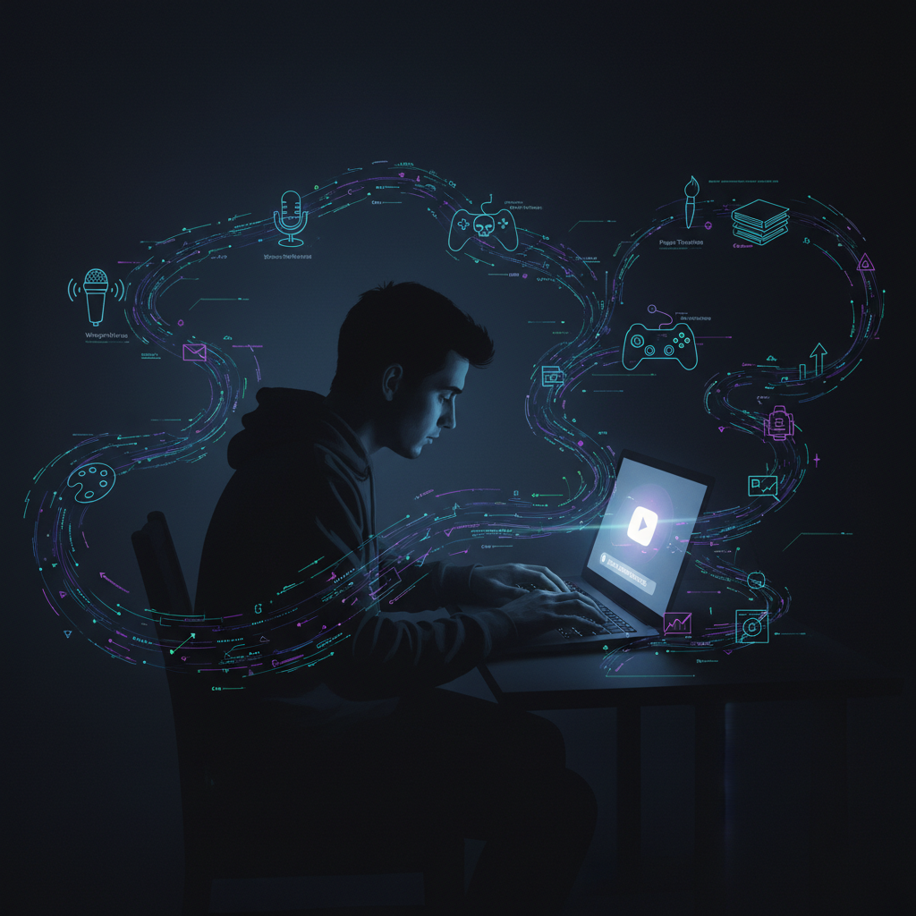 Anonymous YouTube channel niches illustrated by a shadowy figure working on a laptop amidst glowing digital data streams, symbolizing high profit potential.