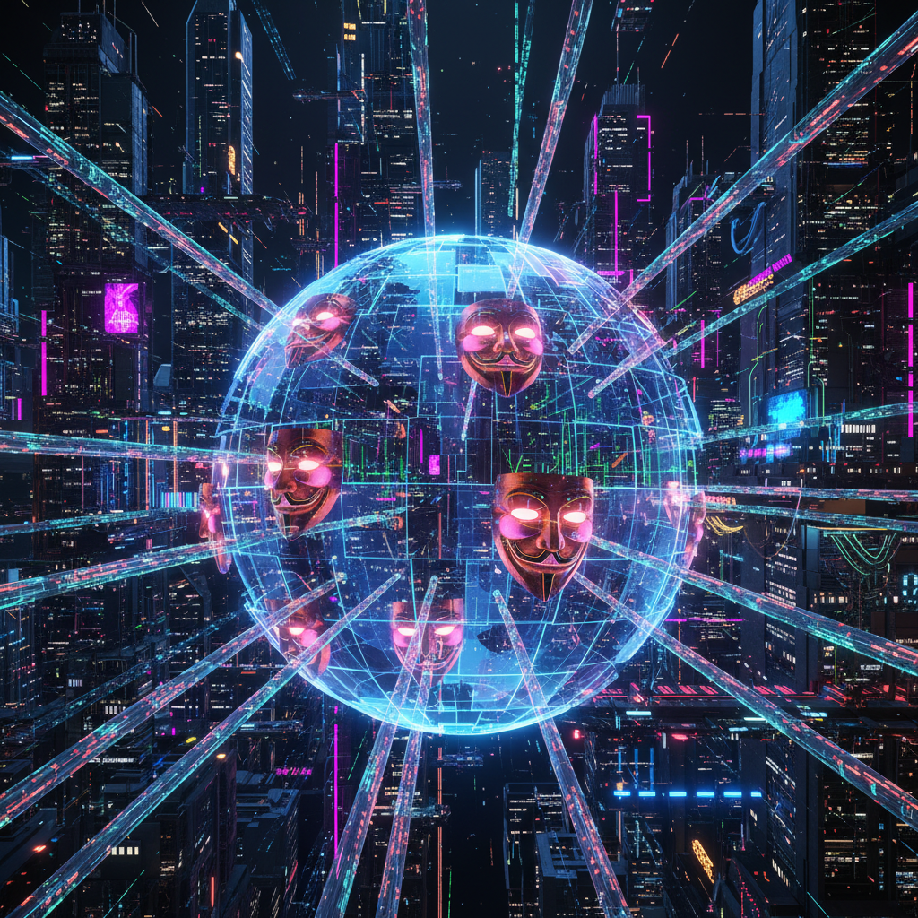 Anonymous YouTube channel niches illustrated with digital globe and glowing masks, representing high-profit, low-profile content creation.