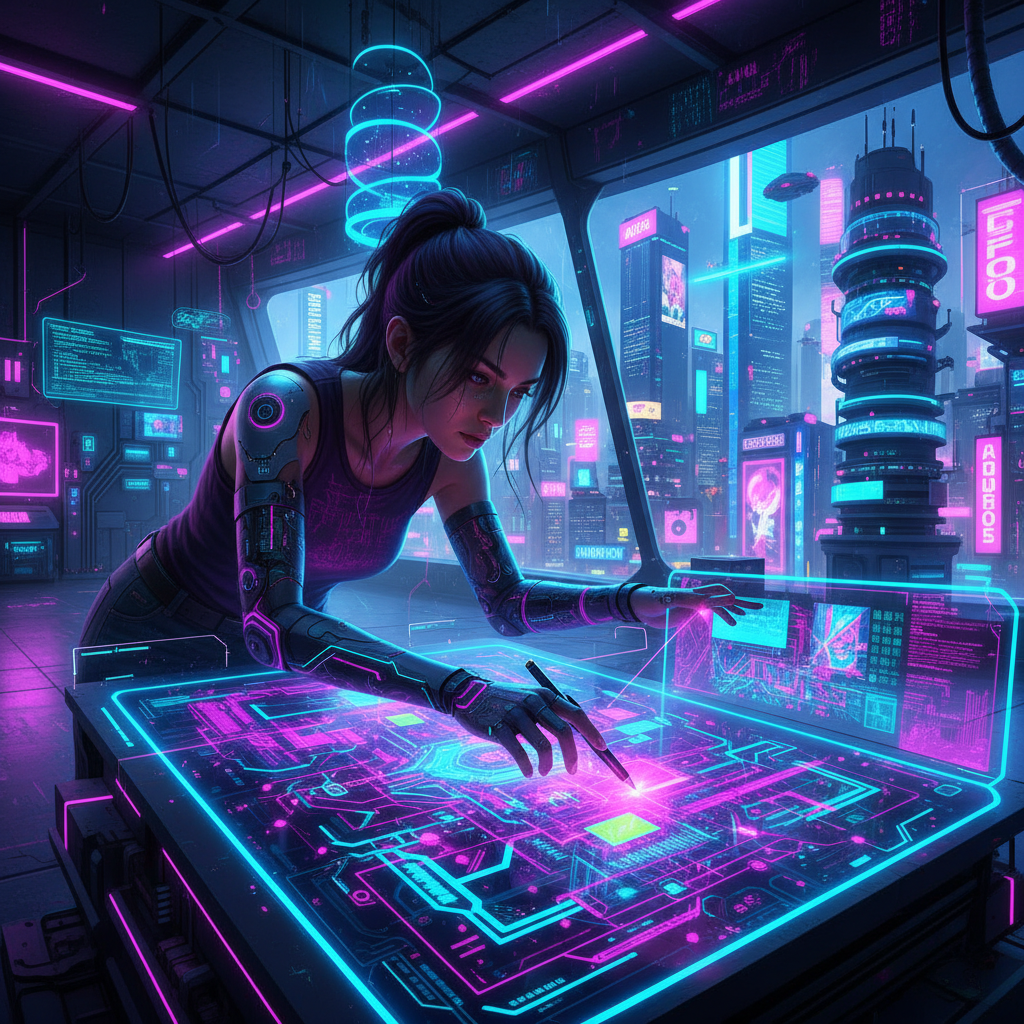 Artist selling AI-generated content on a futuristic holographic display, showcasing creative digital art with vibrant neon lighting.